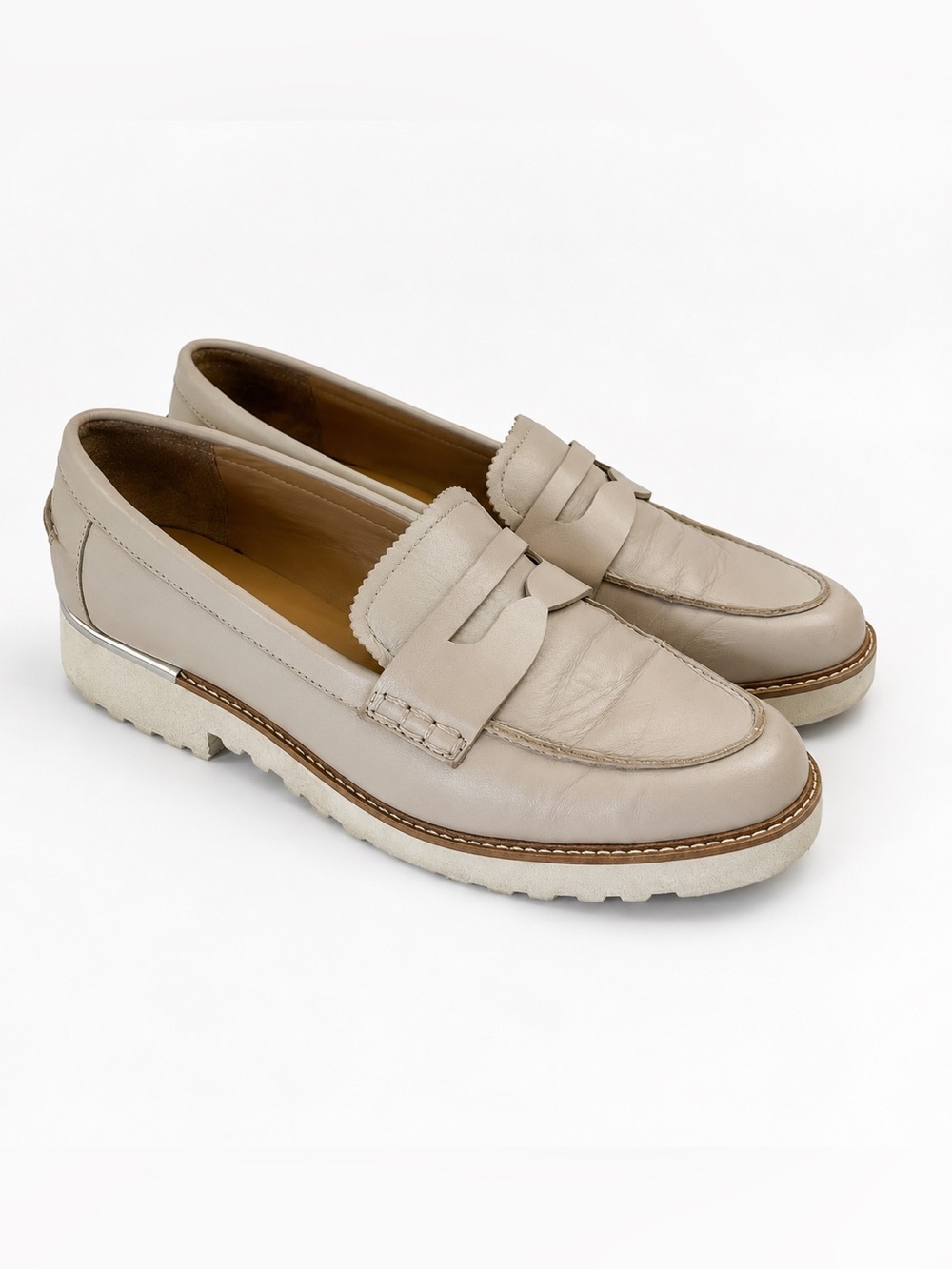 Oatmeal Franco Sarto Cedra Chunky Lug Sole Leather Loafers Preppy Collegiate 9 - Picture 1 of 6